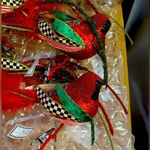 Mackenzie-Childs Cardinal Christmas Ornaments w/clips, set (4) Courtly Check NWT